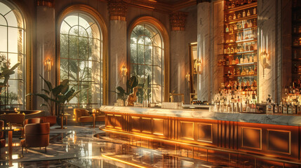 Fototapeta premium Elegant Hotel Bar with Marble and Golden Accents