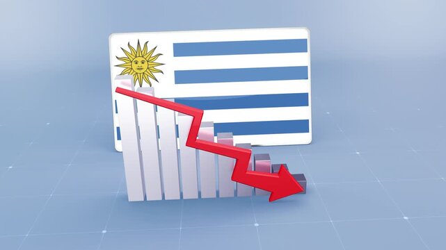 Uruguay Flag and Bar Chart Graph Showing Decreasing Values a Red Arrow Economic Crisis Concept