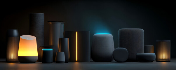 Smart speaker collection wireless audio voice assistant ambient light modern gadget dark background home device minimalist style sleek design glow