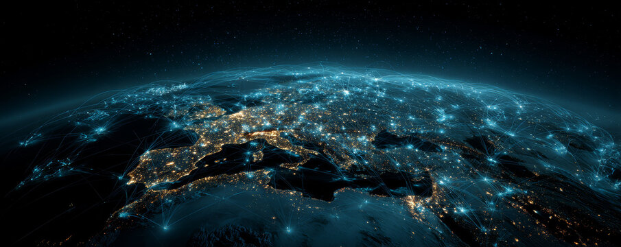 Global network digital connection earth from space data flow glowing lights night city technology communication - Powered by Adobe