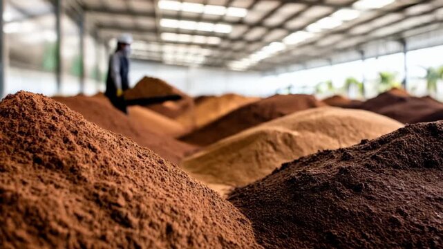 Medium shot of workers blending compost with soil in a commercial facility emphasizing largescale organic waste processing.