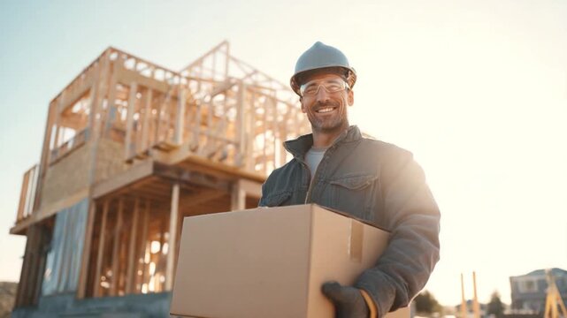 Building Dreams: A construction worker, embodies hard work and dedication as he stands proudly holding a cardboard box, with a half-built house in the backdrop.