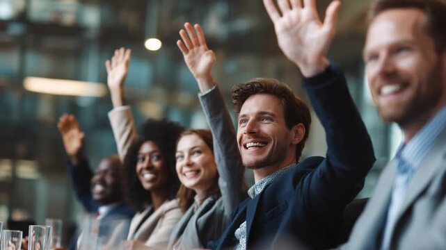Enthusiastic Audience: A group of professionals, hands raised high, smiles, exuding the buzz of an engaging presentation. 