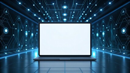 A laptop showing a blank screen in a digital holographic interface
