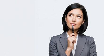 A young businesswoman holding a pen to her lips, thinking about a plan