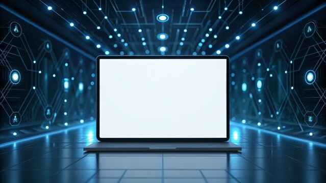 A laptop showing a blank screen in a digital holographic interface