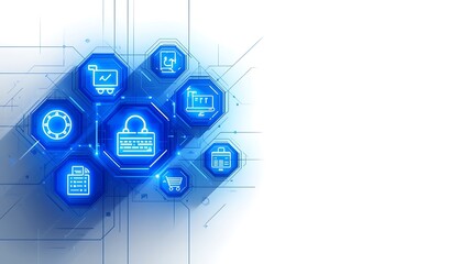 Digital business network showing security, e-commerce, data flow