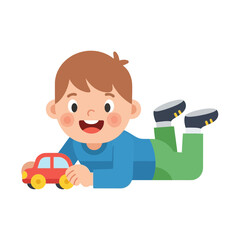 Fototapeta premium A young child happily playing with a red toy car on the floor.