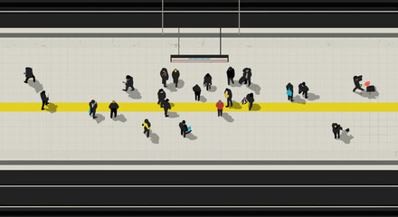 An overhead view captures a diverse group of commuters waiting patiently on a busy urban subway platform, highlighting the daily rush of city life.