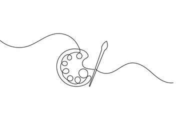 Obraz premium Continuous one line drawing of paint palette and brush minimalist outline art vector design 
