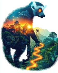 Obraz premium Surreal Double Exposure Art of a Lemur with Forest Landscape and Cosmic Elements, Captivating Nature and Animal Fusion in Vibrant Colors