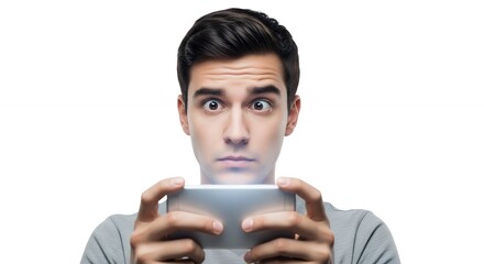 A young man looking at a smartphone with a puzzled yet curious face