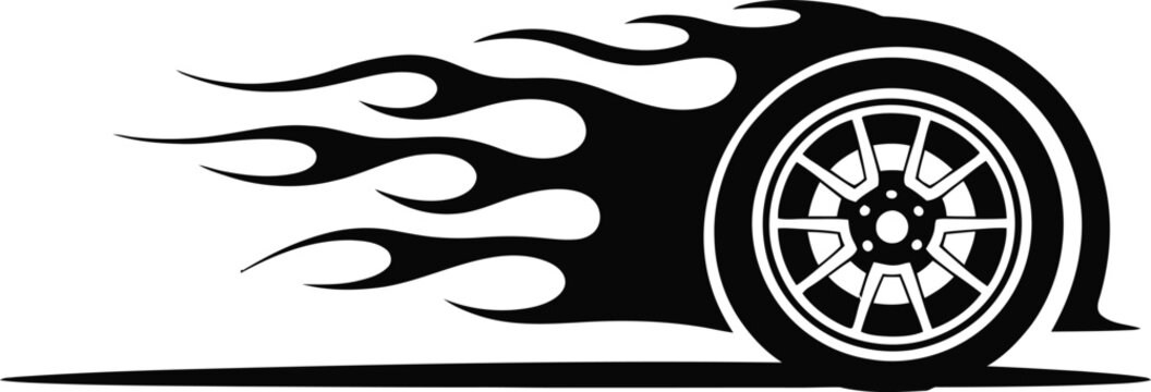 Fiery racing tire wheel silhouette with flames and smoke