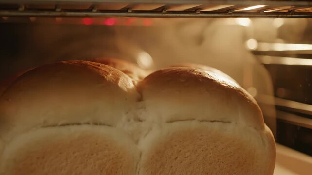 Freshly Baked Bread Loaves Inside the Oven Showing Golden Crust and Steam Perfectly