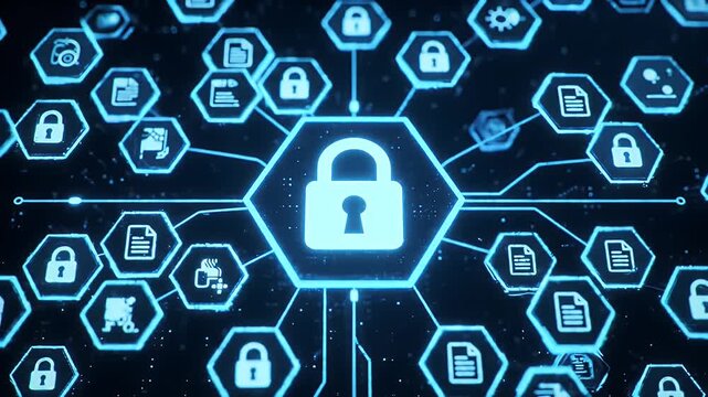 Digital Security Network With Central Padlock Icon Connecting To Document And Other Security Icons In Blue Tones