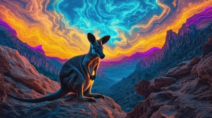 Majestic Kangaroo Silhouetted Against a Vibrant Swirling Sky Over Colorful Rock Formations in a Mystical Desert Landscape