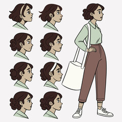 Modern Cartoon Woman Character Design with Multiple Facial Expressions