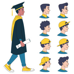 Cartoon Male Graduate Character Design with Multiple Head Variationsv