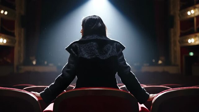 Rear view of a solitary person watching a spotlight on an empty theater stage.