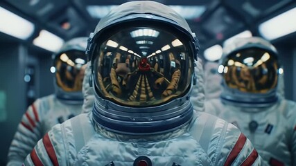 Astronauts in White Suits with Reflective Helmets Walking Down a Spaceship Corridor with Dim Lighting