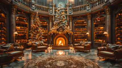 Obraz premium Luxury Library with Christmas Tree and Fireplace