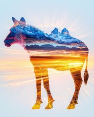 Naklejka premium Artistic representation of a zebra silhouette combined with a vibrant landscape featuring mountains, clouds, and sunset in an imaginative double exposure effect