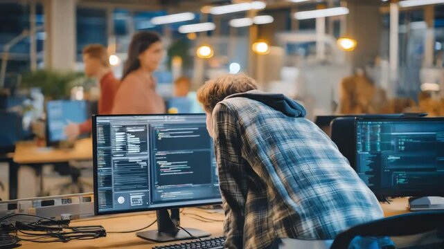 Technician remotely accessing a computer screen to troubleshoot software issues using virtual desktop control in a modern office environment.