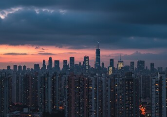 Fototapeta premium Dense towering architecture filling the horizon, showing a vibrant metropolitan core under a dramatic sky at twilight. (137 characters) ,skyscraper ,skyline ,dusk