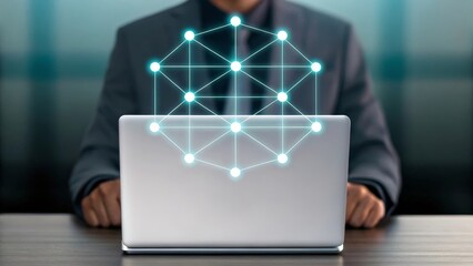 Abstract AI holographic network over a laptop on a table