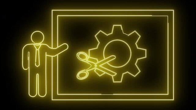 Yellow neon person presenting slide showing scissors cutting a gear on black background
