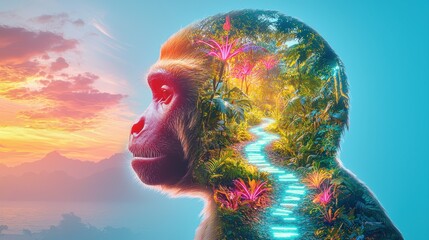 Surreal Representation of a Monkey Silhouette Merging Nature and Landscape with Vivid Colors and a Dreamy Path Under a Vibrant Sky at Sunset