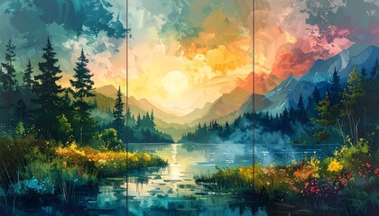 A vibrant triptych painting of a serene landscape, depicting a sunrise over a tranquil lake surrounded by lush forests and mountains