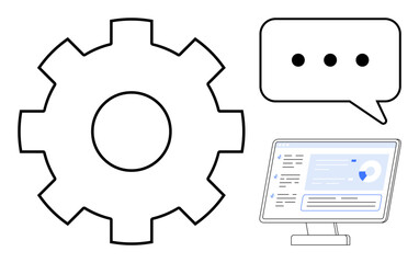Single gear symbol, speech bubble, and computer screen with dashboard. Ideal for teamwork, process optimization, technology, communication, innovation data management integration. Simple flat