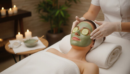 Woman receiving a relaxing green facial mask treatment with cucumber slices on her eyes at a luxurious spa.