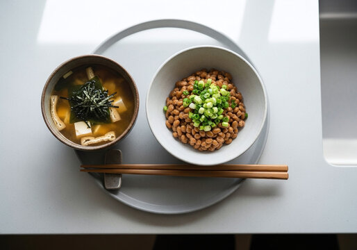 Japanese breakfast with miso soup and natto served with chopsticks on a plate