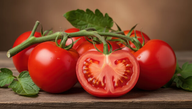 A vibrant cluster of fresh red tomatoes on the vine, with one perfectly halved, resting on a rustic wooden surface.