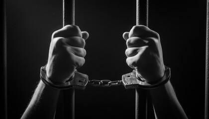 Close-up of handcuffed hands gripping prison bars in a dark, somber setting, symbolizing confinement and justice.