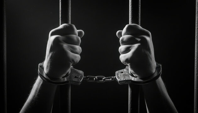 Close-up of handcuffed hands gripping prison bars in a dark, somber setting, symbolizing confinement and justice.