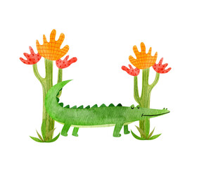 Composition cute crocodile and cactus tree. Isolated hand drawn watercolor illustration of african animal. For design baby shower, cards, posters, kid's rooms.