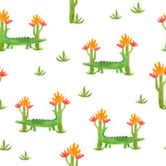 Cute safari crocodile and cactus tree seamless pattern illustration for children. Watercolor animals drawing background. Perfect for nursery posters, fabric, wallpapers.