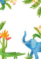 Cute baby animals and leaves. Childish background of crocodile and elephant. Watercolor frame for design kid's goods, baby shower, cards, scrapbook, posters.
