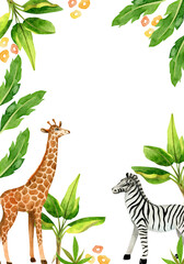 Cute baby animals and leaves. Childish background of giraffe and zebra. Watercolor frame for design kid's goods, baby shower, cards, scrapbook, posters.