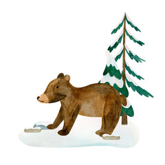Composition cute bear and pine tree. Isolated hand drawn watercolor illustration of winter animal. For design baby shower, cards, posters, kid's rooms.