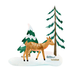 Composition cute deer and pine tree. Isolated hand drawn watercolor illustration of winter animal. For design baby shower, cards, posters, kid's rooms.
