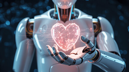 Futuristic 3D illustration of a humanoid robot holding a glowing digital heart made of circuits, symbolizing artificial intelligence, emotional technology, human-machine connection, and innovation in 