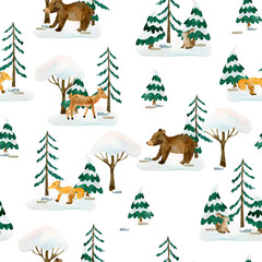 Cute forest animals and pine trees seamless pattern illustration for children. Watercolor winter drawing background. Perfect for nursery posters, fabric, wallpapers.