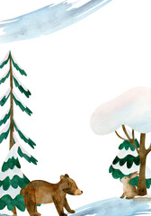 Cute baby forest animals and trees. Childish background of bear and rabbit. Watercolor frame for design kid's goods, baby shower, cards, scrapbook, posters.