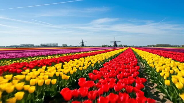 Vast Tulip Field with Windmills Under a Blue Sky.