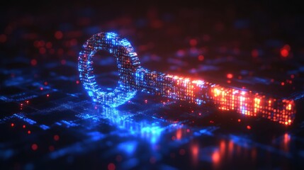 Abstract digital key on glowing circuit board.  Possible use technology, security, unlocking