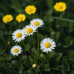 Detailed macro shot of delicate white and yellow daisy wildflowers blooming brightly in a sunny green meadow during the warm spring season ,stem ,garden ,environment